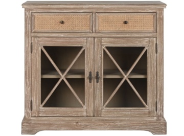 Bufet vintage în stil French Country, din lemn de bayur, natur, cu 2 uși vitrate și 2 sertare din ratan împletit, 91,5 x 100 x 45 cm, „Seraphine”