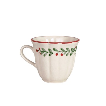 Cană de Crăciun din ceramică, alb, cu frunze și merișoare pictate manual, margine ondulată, 9,5 x 10,5 cm, „Esther Lingonberry”
