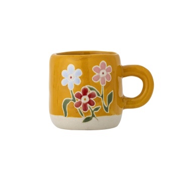 Cană din ceramică artizanală, galben, pictată manual cu flori stilizate, 6x7 cm, 110 ml, „Millie"