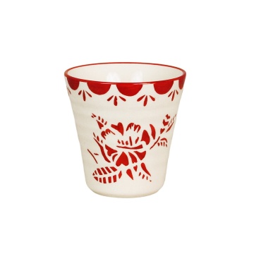 Cană din ceramică artizanală, natur, cu motive florale pictate manual roșu și bordură decorativă, fără mâner, 10×10 cm, „Marion"
