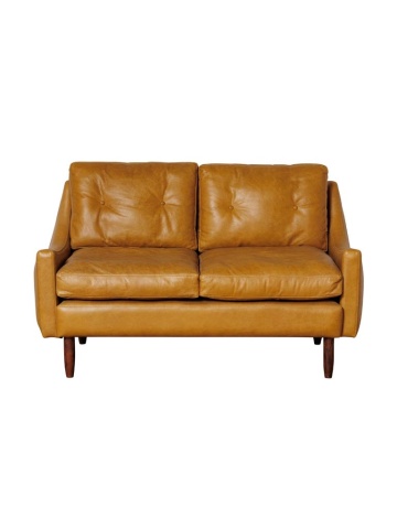 Canapea 2 locuri din piele naturală maro, cu perne de spătar capitonate și picioare conice din lemn, aspect vintage, 84 x 130 x 83 cm, „Cambridge”