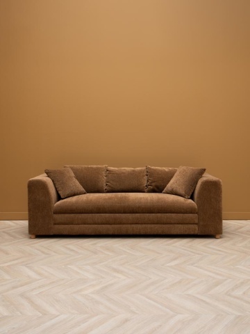 Canapea 3 locuri din catifea maro, cu perne incluse, picioare din lemn masiv, aspect vintage, 68×220×99 cm, „Castano" - Img 8