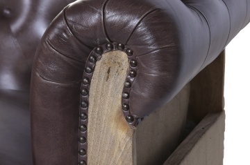Canapea Chesterfield 2 locuri din piele naturală maro închis, cu cadru din lemn de mango și iută la vedere, pe roți, 80 x 190 x 77 cm, „Cassis” - Img 6