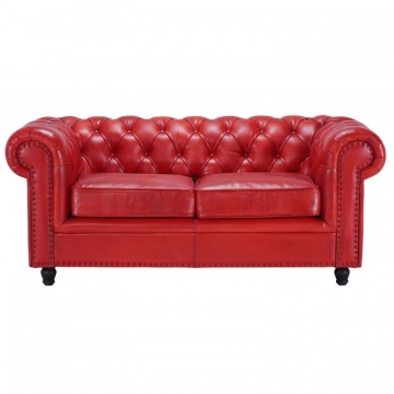 Canapea Chesterfield 2 locuri din piele naturală roșu, cu ținte decorative și picioare strunjite negre, 75 x 180 x 97 cm, „Classic Chic”