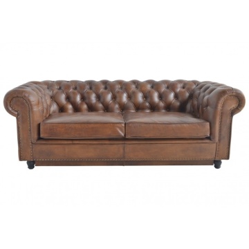 Canapea Chesterfield extensibilă 3 locuri din piele naturală cognac, cu ținte decorative și picioare strunjite, 102 x 220 x 102 cm, „Hargreaves”