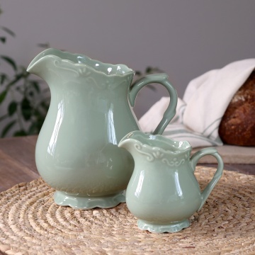 Carafă din porțelan verde mentă, H18 cm, model dantelă în relief, „Provence" - Img 2