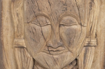 Coloană decorativă din lemn masiv de tec, maro, cu Buddha sculptat manual, finisaj natural, 103 x 40 x 40 cm, „Ayutthaya” - Img 5