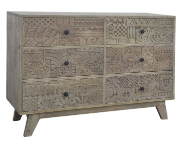 Comodă cu sertare din lemn de mango, natur, decor sculptat manual, finisaj natural, 83 x 118 x 40 cm, „Kheda” - Img 7