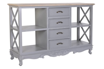 Comodă cu sertare shabby chic din lemn de paulownia, gri și natur, cu 4 sertare, 4 rafturi deschise și decor sculptat, 84,5 x 132 x 40 cm, „Auria” - Img 2