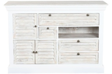 Comodă cu sertare și uși, vintage, din lemn de mango, alb, cu 4 sertare, 3 uși cu jaluzele și nișă, décapé, 80 x 115 x 40 cm, „Worn out White”