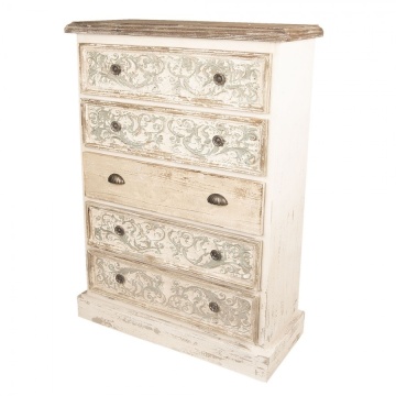 Comodă înaltă, vintage, shabby chic, din lemn, alb, cu 5 sertare, blat natur și decor în relief, 120 x 85 x 36 cm, „Benevola” - Img 2