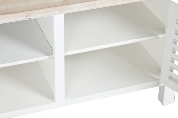 Comodă TV joasă din lemn, alb, cu blat natur, 3 uși, 3 rafturi, lamele tip jaluzea și ușă centrală din sticlă, 45 x 120 x 40 cm, „Pure Living” - Img 6
