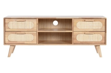 Comodă TV living din lemn de hevea, natur, cu 4 sertare din ratan împletit, 2 nișe și picioare înclinate, 48 x 120 x 30 cm, „Natqi”