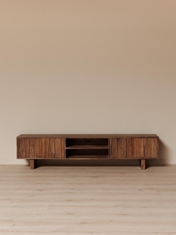Comodă TV living din lemn de mango, maro, cu 4 uși, nișă deschisă cu raft și uși cu textură de scoarță, 46 x 201 x 35 cm, „Ecorce” - Img 2