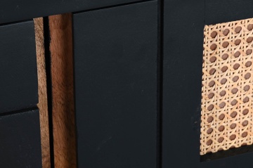 Comodă TV living din lemn de mango, negru, cu 2 uși, 2 sertare, nișă deschisă și inserții din ratan împletit, 60 x 145,5 x 40,5 cm, „Cheverny” - Img 4