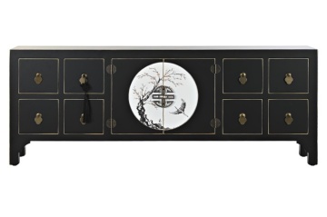 Comodă TV living din lemn, negru, cu 2 uși, 8 sertare și medalion oriental cu ramură înflorită, 51 x 130 x 26 cm, „Zenora” - Img 5