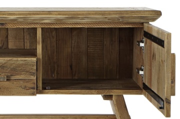 Comodă TV living din lemn reciclat, natur, cu 2 uși, 1 sertar, nișă deschisă și picioare oblice cu traversă, 60 x 180 x 45 cm, „Auburn” - Img 7