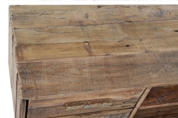 Comodă TV living din lemn reciclat, natur, cu 4 sertare, nișă deschisă cu raft și picioare oblice, 48 x 130 x 40 cm, „Rustin” - Img 4