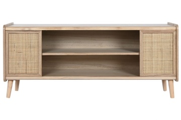 Comodă TV living din lemn și ratan, natur, cu 2 uși cu cannage, nișă centrală cu raft și picioare rotunde, 54 x 120 x 35 cm, „Boho Chic” - Img 6