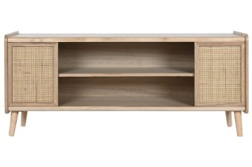 Comodă TV living din lemn și ratan, natur, cu 2 uși cu cannage, nișă centrală cu raft și picioare rotunde, 54 x 120 x 35 cm, „Boho Chic”