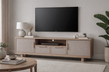 Comodă TV lungă din lemn de mango, natur, cu 2 uși și 2 sertare din ratan împletit și nișă deschisă, 60 x 183 x 46 cm, „Pélissanne” - Img 2