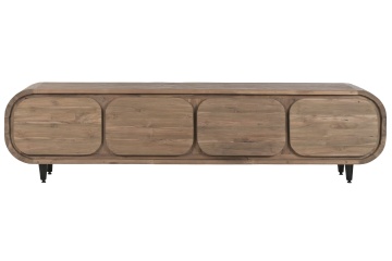 Comodă TV lungă din lemn de tec reciclat, maro, cu 4 sertare și picioare metalice, aspect rustic, 50 x 200 x 45 cm, „Granville”