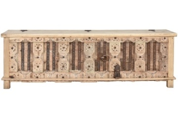 Comodă TV sculptată lungă din lemn, natur, cu capac rabatabil și detalii din fier, 63 x 194 x 50 cm, „Charm”