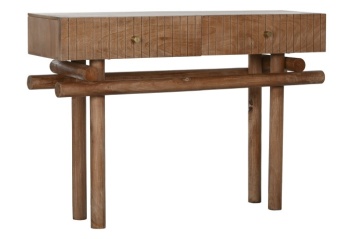 Consolă hol eclectică din lemn de mango, natur, cu 2 sertare canelate și bază din lemn rotund cu traverse încrucișate, 76 x 110 x 30 cm, „Odelin” - Img 2