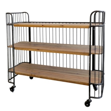 Consolă hol industrială din fier și lemn de pin, negru și natur, cu 3 rafturi și roți pivotante, 83,5 x 100 x 39 cm, „Old Post Cart”