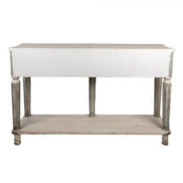 Consolă hol shabby chic din lemn, alb, cu 2 sertare, raft, picioare gri canelate și ornamente sculptate, 92 x 141 x 36 cm, „Marguerite” - Img 5