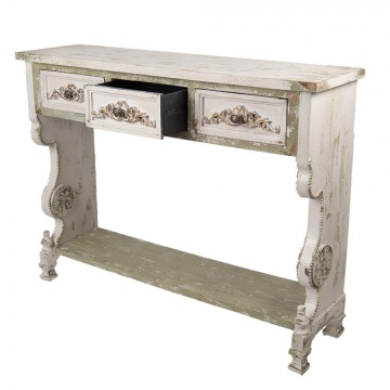 Consolă hol shabby chic din lemn, alb, cu 3 sertare, raft verde și ornamente sculptate, finisaj antichizat, 99 x 129 x 36 cm, „Lisette” - Img 2