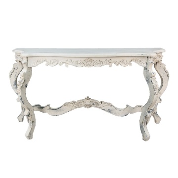 Consolă hol vintage din lemn masiv, alb, cu blat ondulat, picioare curbate și ornamente sculptate, 82 x 170 x 52 cm, „Odette”