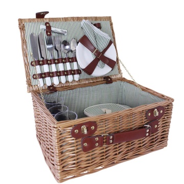 Coș de picnic mare din răchită împletită cu căptușeală în dungi verzi, pentru 4 persoane, „Vendela Large Green"
