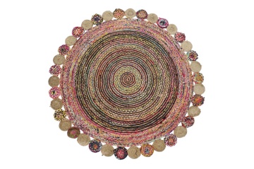 Covor rotund din bumbac și iută împletit manual, multicolor, Ø 200 cm, 2100 GSM, „Cotton Jute Carpet Multicolored"