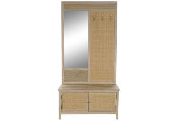 Cuier de hol din lemn de paulownia și rattan cu oglindă și banchetă cu depozitare, 92×40×181 cm, „Perchero"