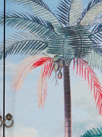 Dulap din lemn de pin, negru, cu 2 uși decorate cu peisaj tropical, 2 rafturi și mânere cu inel, 120 x 81 x 40 cm, „Calypso” - Img 7