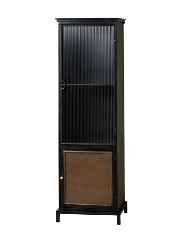 Dulap înalt și îngust industrial din metal și sticlă, negru, cu 2 uși, 3 rafturi și sticlă striată, 165 x 52 x 38 cm, „Malcolm”