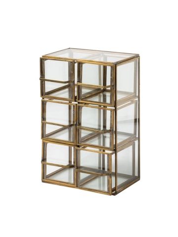 Dulăpior din sticlă și metal, auriu, organizator cu 6 compartimente glisante cu rame aurii și bare de prindere, 28 x 18,5 x 14 cm, „Tiny”