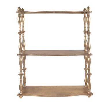 Etajeră de perete vintage din metal, auriu, cu 3 rafturi și coloane în formă de balustru, 76 x 60 x 22 cm, „Celestine”