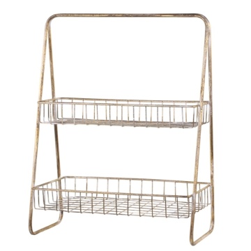 Etajeră metalică vintage, auriu, cu 2 rafturi-coș din sârmă, 55 x 41 x 23 cm, „Panier”