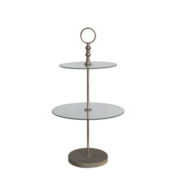 Etajeră vintage cu 2 tăvi din sticlă, finisaj alamă antichizată, H82/D45 cm