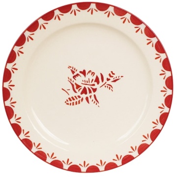 Farfurie din ceramică artizanală, natur, cu motiv floral pictat manual în roșu și bordură decorativă, 26 cm, „Marion Flower"