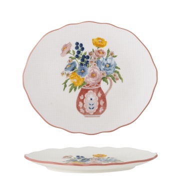 Farfurie din ceramică cu motive florale și margine roz pictată manual, 20×17×2 cm, „Dorothy" - Img 3