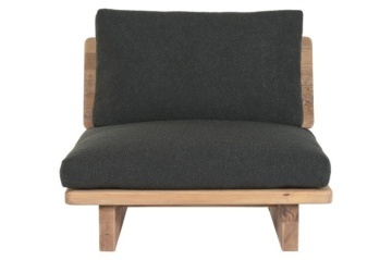 Fotoliu de relaxare în stil etnic, negru, din stofă bouclé, cu husă detașabilă și bază din lemn de pin reciclat antichizat, 95×88×75 cm, „Black Aged”