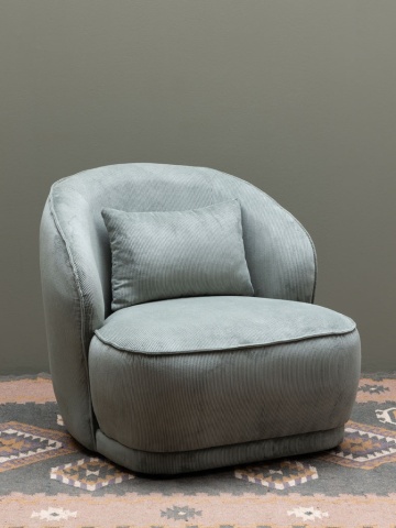 Fotoliu de relaxare verde kaki din catifea reiată, cu spătar învăluitor, pernă decorativă și bază rotunjită, 78×81×74 cm, „Nasrine” - Img 5