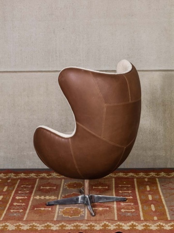 Fotoliu Egg rotativ din piele naturală full grain și lână, maro și crem, design iconic, 86,5×76,5×116 cm, „Tenzing" - Img 8