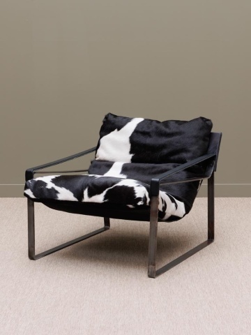Fotoliu lounge din piele naturală de bovine alb-negru cu structură metalică, „Montaine” - Img 2