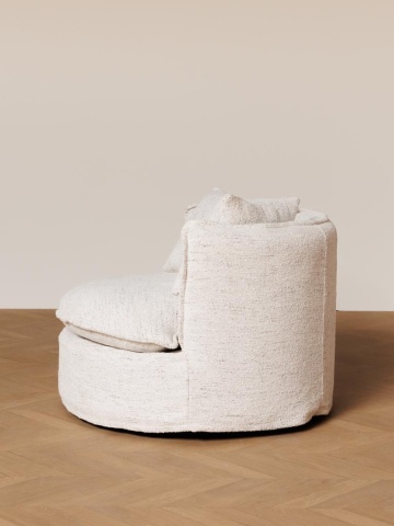 Fotoliu rotativ rotund, alb, din stofă bouclé, cu două perne decorative și pernă groasă de șezut, diametru 98 cm, înălțime 74 cm, „Meridian” - Img 4