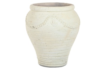 Ghiveci decorativ din teracotă artizanală, finisaj craft brut alb-crem, 48×48×57 cm, „Jerba"