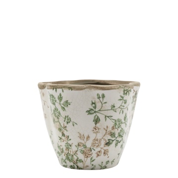 Ghiveci decorativ tronconic alb din ceramică antichizată, pictat manual, cu decor floral-vegetal, 13x15,5 cm, „Grasse"